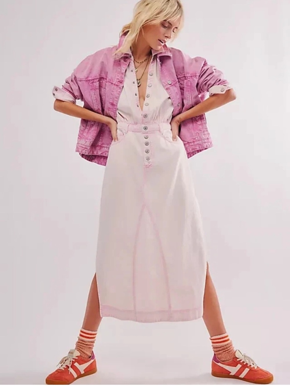 Free People Mad Love Denim Midi Dress Quartz Pink $198 Size Small